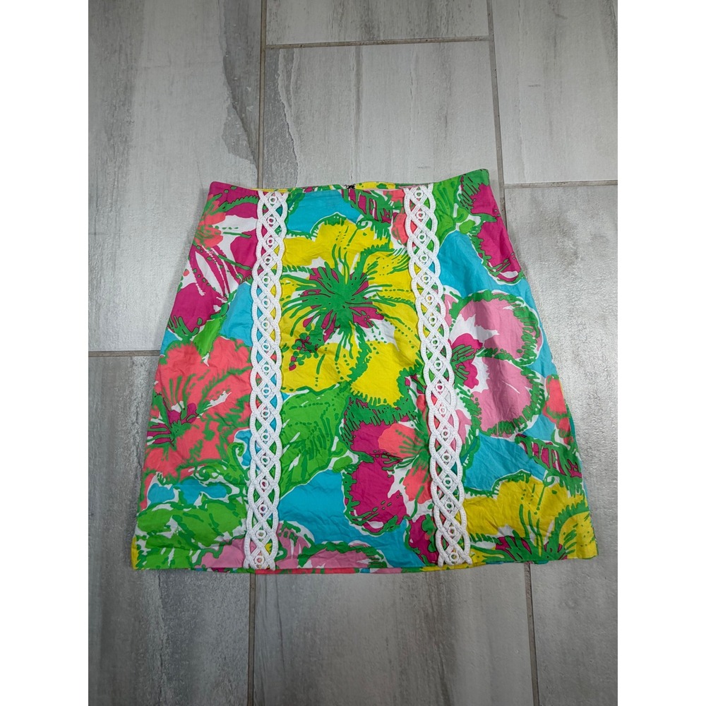 Lilly Pulitzer Tropical Floral Mini Skirt Pink Green Yellow Lace Trim Size 6
